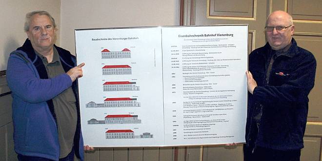 Helmut Moritz (links) erhält die Eisenbahnchronik von Peter Fischer vom Vienenburg-Tourismus