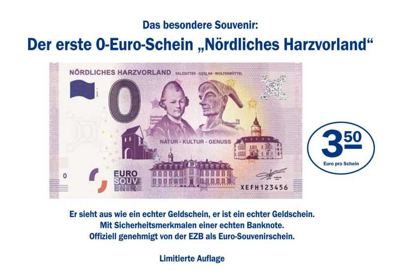 Tischaufsteller 0-Euro-Schein Nördliches Harzvorland